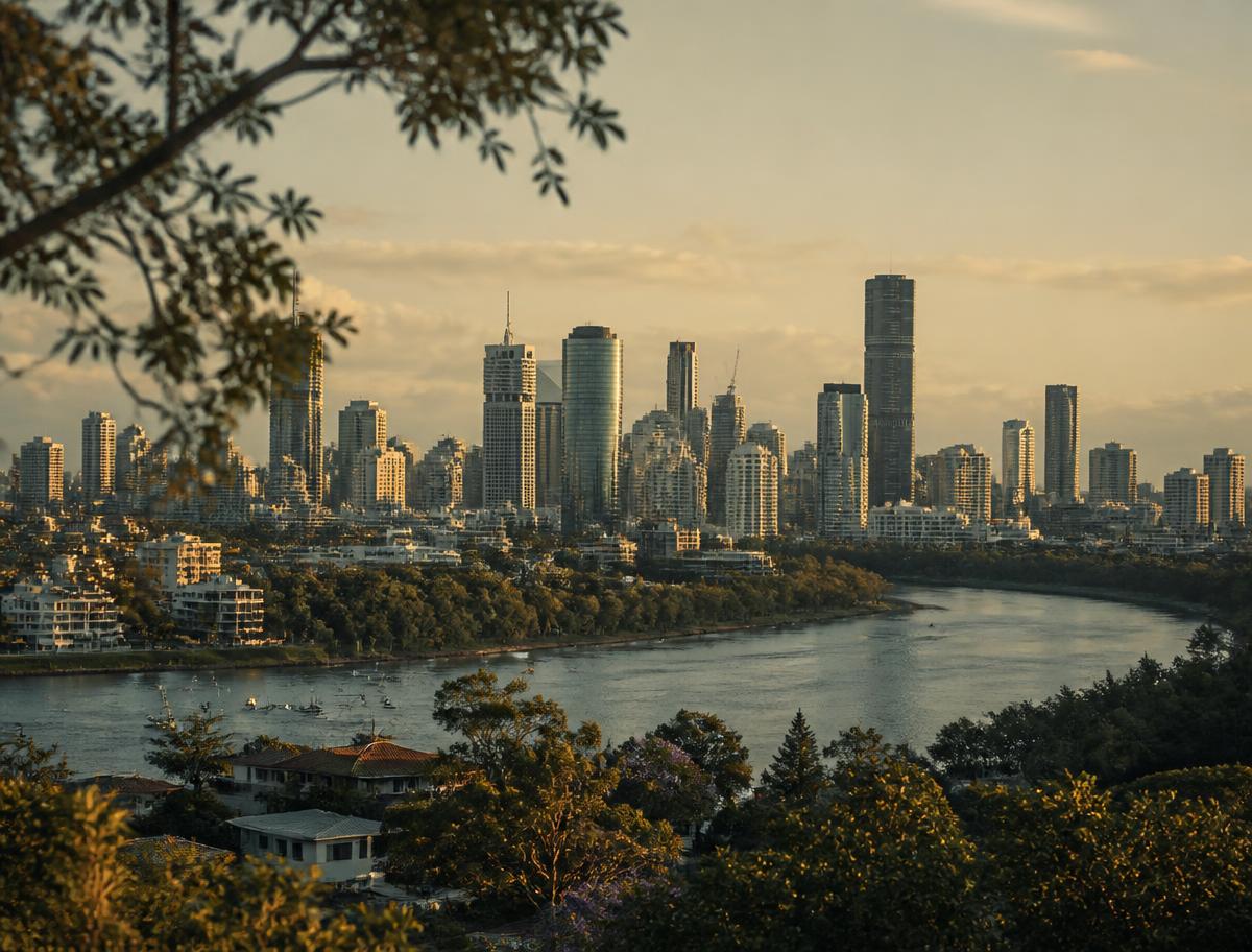 Brisbane skyline and river seen from a leafy suburb